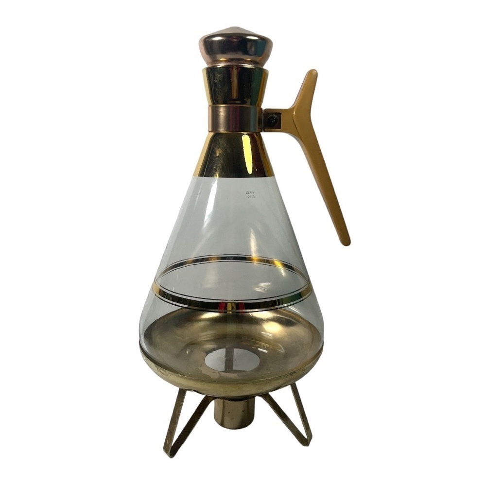 Inland‎ Brass Gold Glass Coffee Pot Carafe Candle Warmer Stand with Cork Stopper